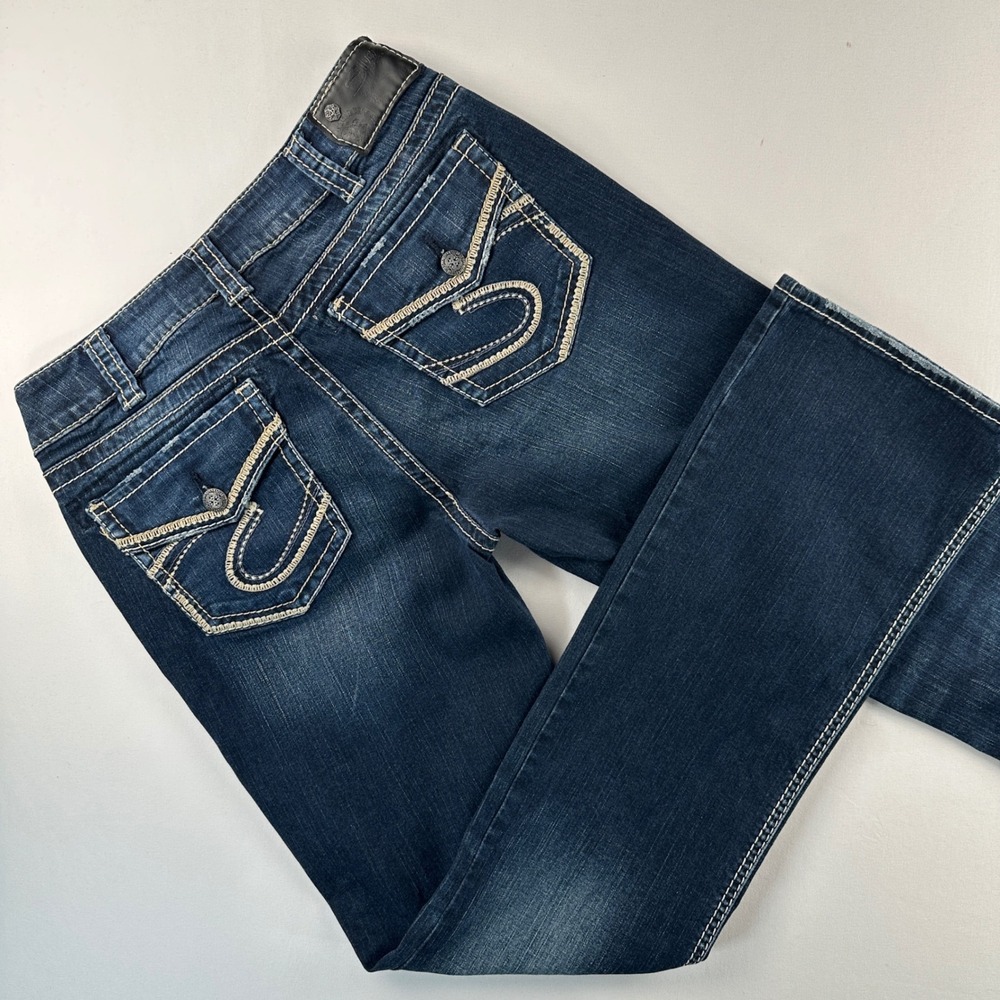 Silver Suki Mid Slim Bootcut Jeans 30x33 Dark Fade Wash Embroidered Flap Pockets